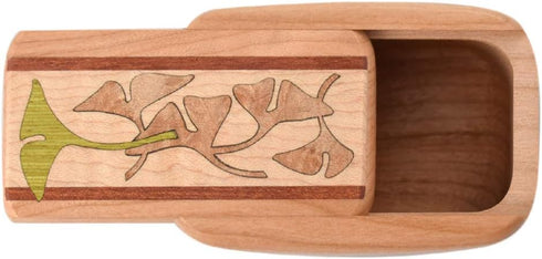 Large Cherry Wood Pill Box with Elegant Ginkgo Inlay - Handmade in the USA