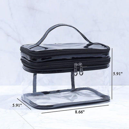 Clear Makeup Case, Transparent Double Layer Toiletry Bag, Waterproof PVC Travel Cosmetic Case for Skincare Products (Black)