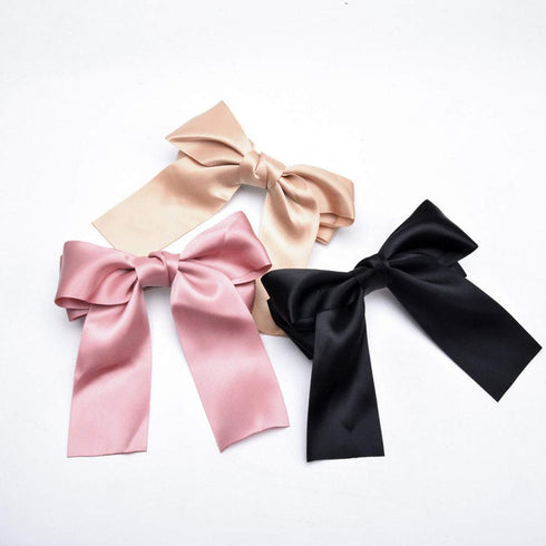 Set of 8 Big Satin Solid Ribbon French Barrette - Large Soft Silky Hair Bow Clip for Women