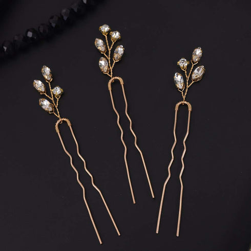 Pack of 3 Bridal Crystal Hair Pins - Wedding Evening Party Hair Accessories (gold)