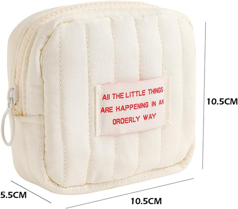 Small Makeup Bag - Quilted Travel Cosmetic Organizer in White Square Pouch with Zipper, Cute Toiletry Bag for Women