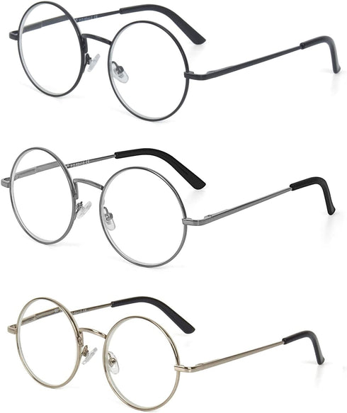 Metal Frame Round Reading Glasses with Spring Hinge (Black, Silver and Gunmetal)