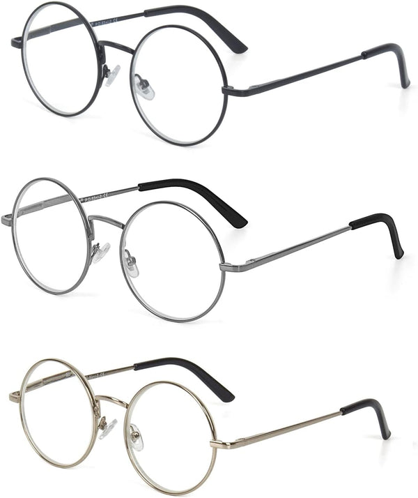 Metal Frame Round Reading Glasses with Spring Hinge (Black, Silver and Gunmetal)