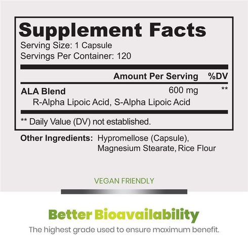 Simply Natures Pure Alpha Lipoic Acid 600mg - 120 Veggie Capsules, Non-GMO Thioctic Acid, 4 Month Supply
