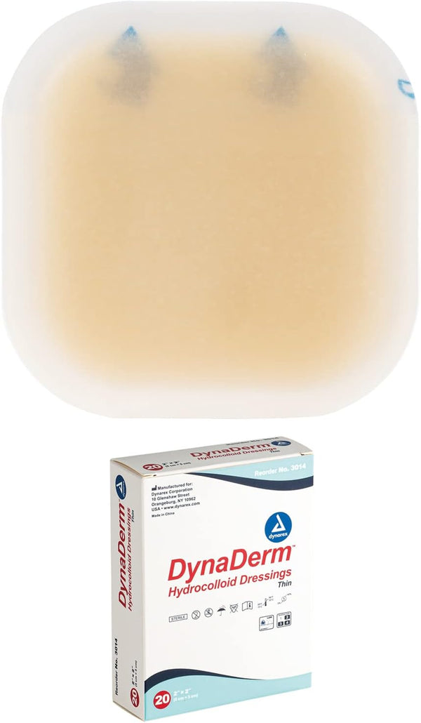 Dynarex DynaDerm Hydrocolloid Dressing, Sterile Moist Bandages, 2" x 2", Pack of 20, Latex-Free