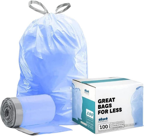 Plasticplace Custom Fit Trash Bags, Compatible with simplehuman Code H (100 Count) Tinted Blue Drawstring Garbage Liners 8-9 Gallon / 30-35 Liters, 18.5" x 28" by Plasticplace