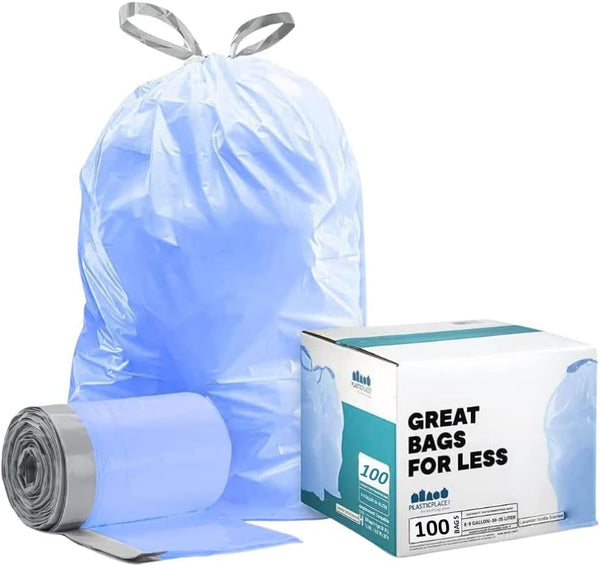Plasticplace Custom Fit Trash Bags, Compatible with simplehuman Code H (100 Count) Tinted Blue Drawstring Garbage Liners 8-9 Gallon / 30-35 Liters, 18.5" x 28" by Plasticplace