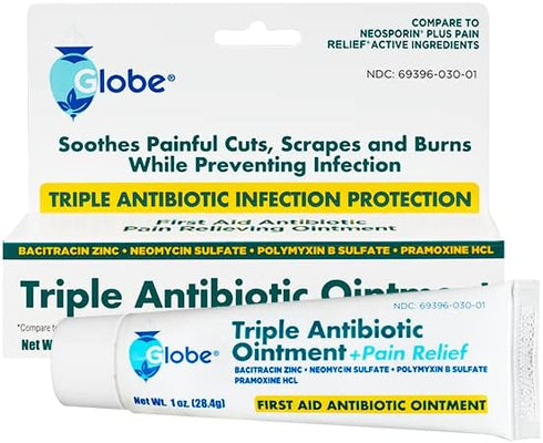 Globe Triple Antibiotic + Pain Relief Dual Action Ointment, 1 Oz | 24 Hour Pain and Infection Protection (12 Pack)