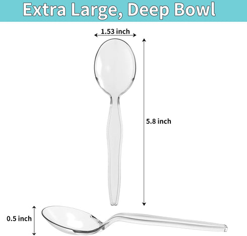 Plastic Soup Spoons, Heavyweight Clear Cutlery, Disposable Utensils for Party Supply, Pack of 100