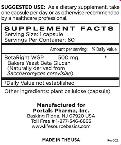 Life Source Basics Immune System Support Activator - 500 mg Beta 1,3/1,6 Glucan - Non-GMO & Vegan - 60 Capsules