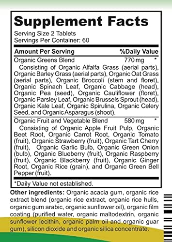 Organic Daily Greens with Organic Fruits & Veggies - USDA Certified, Non-GMO, Vegan Tablets for Immune Health