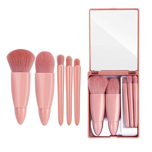 COSHINE Easy-taken Travel Makeup Brush Set, 5pcs Mini Complete Function Cosmetic Brushes Kit with Mirror