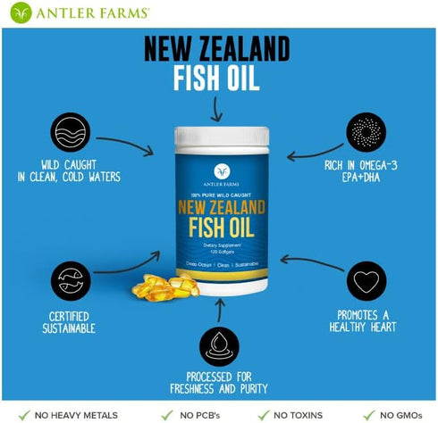 Antler Farms 100% Pure Wild Caught New Zealand Fish Oil, 120 Softgels, Clean Omega-3 EPA + DHA Supplement