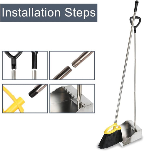 Broom and Dustpan Set for Home, Soft Bristles Indoor Broom with Stainless Steel Dustpan, Kitchen Cleaning Combo