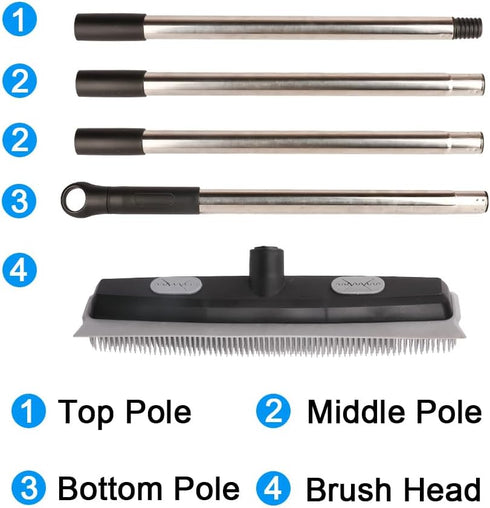 Pet Hair Rubber Broom with Carpet Rake and Squeegee, 2 in 1 Floor Brush, 58 Inch Adjustable Handle, Black