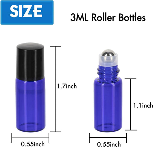 ZEJIA 24Pack 3ml Cobalt Blue Roller Bottles, Thick Glass Essential Oil Bottles with Stainless Steel Roller Ball and 2