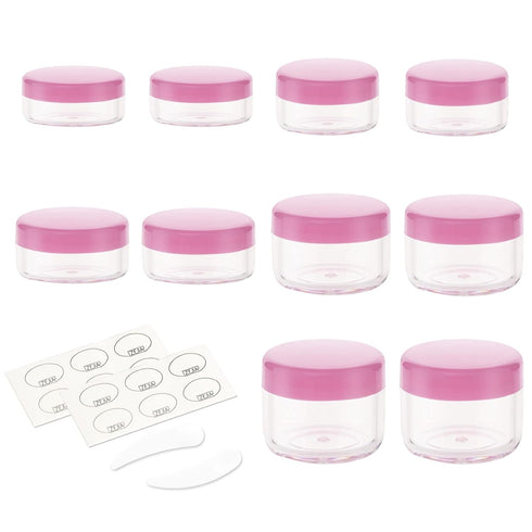 ZEJIA 10pcs Small Travel Containers - Pink Sample Containers with Screw Lids, 5 Sizes, 12pcs Labels, 2pcs Mini