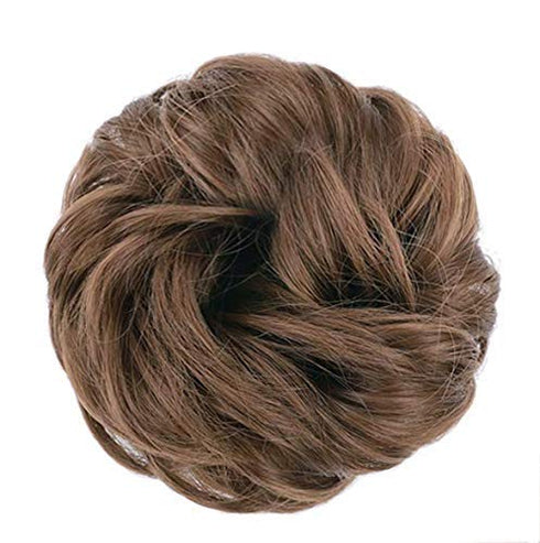 MORICA 2PCS Messy Bun Hair Piece, Fake Curly Wavy Synthetic Chignon Ponytail for Women, Light Golden Brown