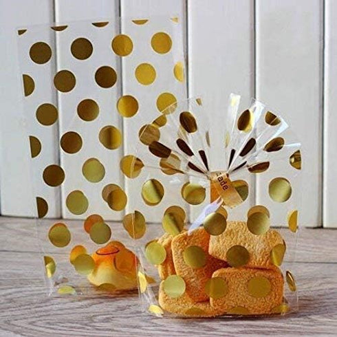 JHere 100 Pack Gold Polka Dot Candy Bags with 100Pcs Gold Metallic Twist