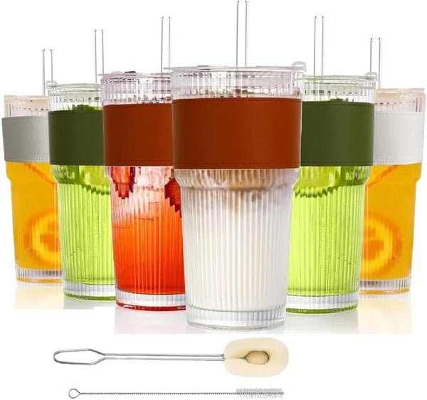 HYLEBOR 20 oz Ribbed Glass Tumblers with Lids and Glass Straws 6-Piece Glassware