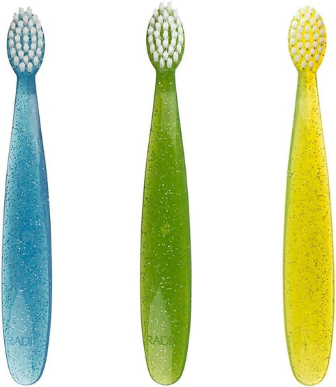 RADIUS Children's Toothbrush Totz Brush - Extra Soft Bristles, Blue/Green/Yellow, BPA Free, Pack of 3