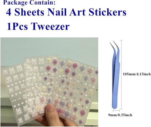 5D Embossed Nail Stickers with Tweezer, 4 Sheets Self-Adhesive Cute Cat Pattern Nail Art Supplies for Women