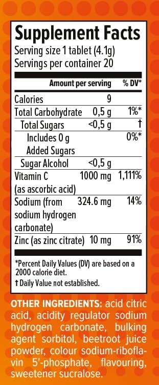 AlpenWell Vitamin C - 1000mg + Zinc - Immune Support Effervescent Vitamin Drink Tablet, Orange Flavor