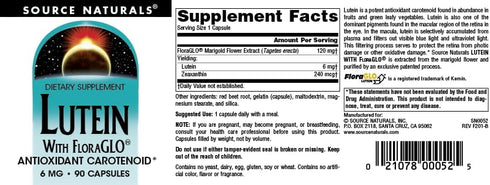 Source Naturals Lutein with FloraGLO, 90 Capsules, Antioxidant Carotenoid, 6 mg