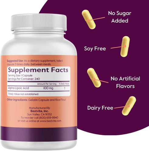 BESTVITE Alpha Lipoic Acid, 100mg, 240 Capsules, No Stearates, Non GMO, Gluten Free