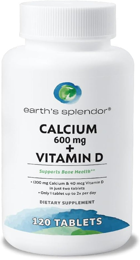 Earth's Splendor Bone Health Support Supplement with Calcium & Vitamin D, 600mg Calcium, 120 Tablets