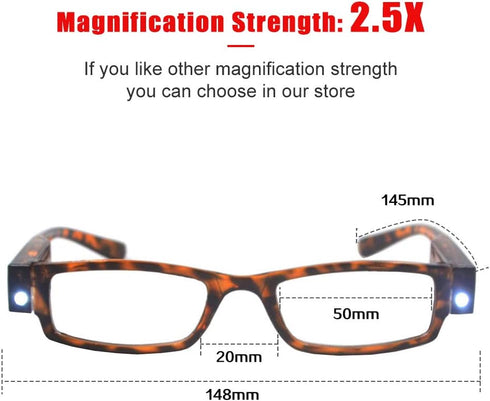 Reading Glasses with Light - Bright LED Readers, Lighted Magnifier, Compact Full Frame Eyewear (+250)