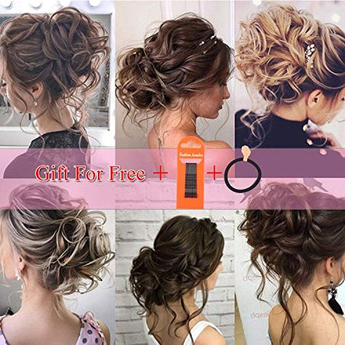 Tousled Updo Messy Bun Hair Piece, Synthetic Wavy Extension Ponytail with Elastic Rubber Band for Women-33#