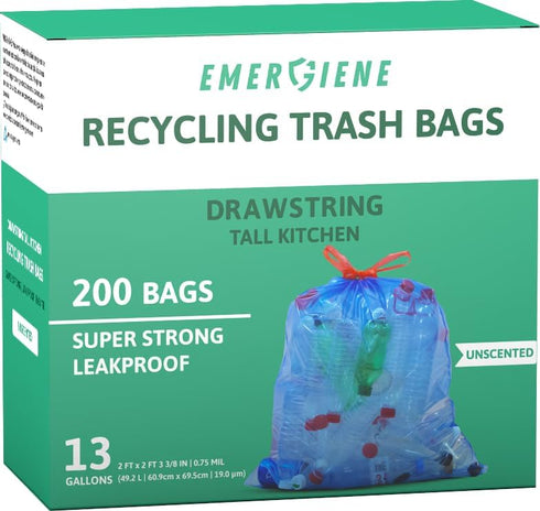 Tall Kitchen Recycling Trash Bags, 13 Gallon, Leakproof, Super Strong, Unscented, 200 Count