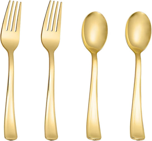 N9R 100 Pieces Gold Plastic Silverware Set, 50 Gold Spoons and 50 Forks for Parties, Catering, Weddings