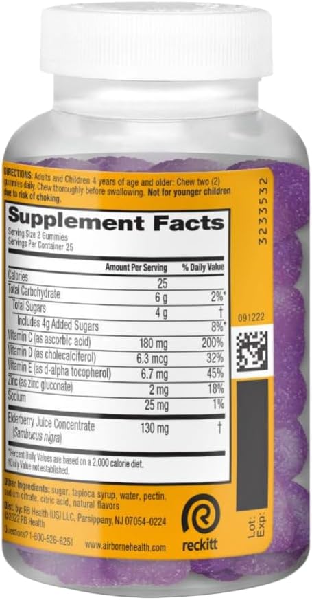 Gummies Immune Gummies 50 Gummies, Airborne Elderberry + Zinc & Vitamin C For Adults, Support Vitamin D & Zinc