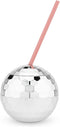 Blush Silver Disco Ball Cup with Straws - 16 Ounce Sparkly Glitter Cocktail Drink Tumbler, Party Supplies