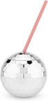 Blush Silver Disco Ball Cup with Straws - 16 Ounce Sparkly Glitter Cocktail Drink Tumbler, Party Supplies