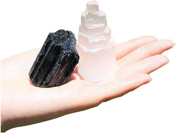 Wixine 2Pcs 1 Selenite Tower & 1 Extra Grade Black Tourmaline - Home Protection Kit Reiki