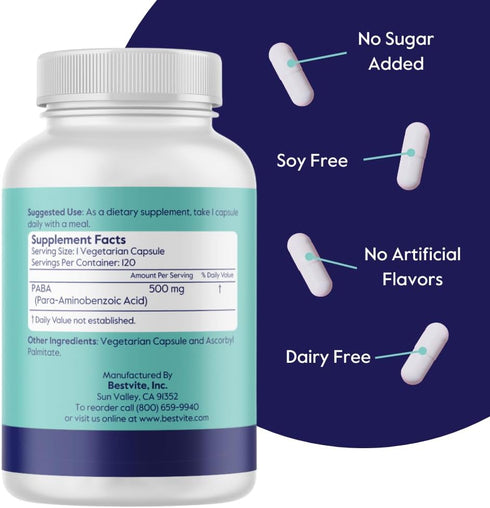 BESTVITE PABA 500mg (120 Vegetarian Capsules) (Para-Aminobenzoic Acid) - No Stearates - Vegan - Non GMO - Gluten Free