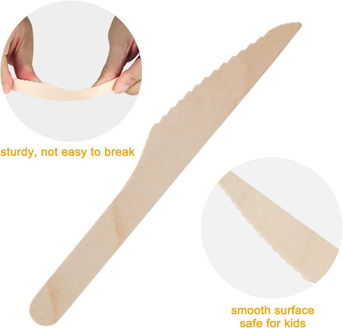 200 Disposable Knives, 6.5 Inch Wooden Cutlery, Biodegradable Silverware for Catering, Parties, Weddings, and Picnics
