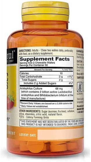 MASON NATURAL Probiotic Acidophilus with Bifidus, 2 Billion CFU Per Serving, Strawberry Flavor, 100 Chewable Wafers
