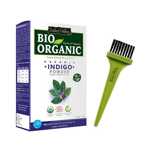 INDUS VALLEY BIO Organic Indigo Powder (100g) with Color Recipe Book and Applicator Brush Kit