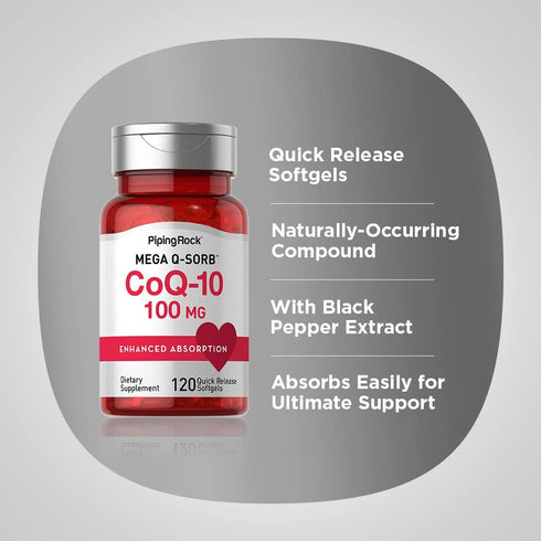 Piping Rock CoQ10 100mg Softgels | 120 Count | Enhanced Absorption with Black Pepper Extract | Non-GMO