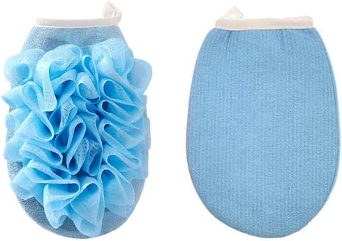 Exfoliating Mesh Pouf Sponge Bath Shower Pouf 2 in 1 with Elastic Hand Strap for Women Men Kid (Blue)