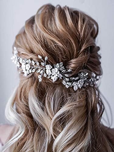 Unicra Bride Flower Wedding Hairpiece, Pearls Bridal Hair Accessory with Crystals for Women and Girls (Silver)