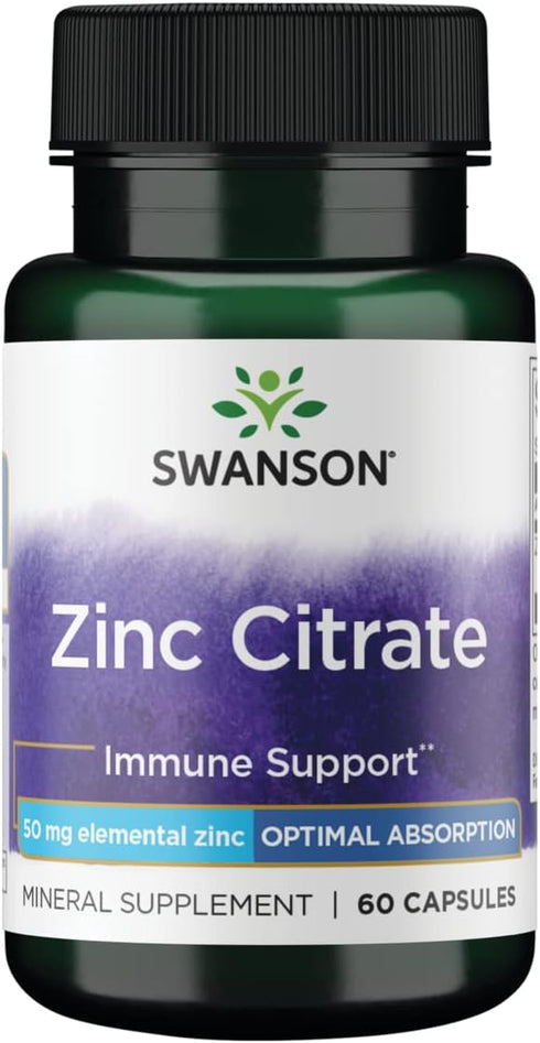 Swanson Zinc Citrate - Immune Support and Prostate Health, 50 Milligrams, 60 Capsules