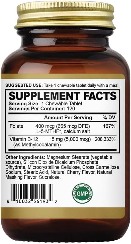 Vitamin B12 (Methylcobalamin) 5000 mcg, Folic Acid (Vitamin B9 Folate) 120 Chewable Tablets for Cirrhosis and Liver