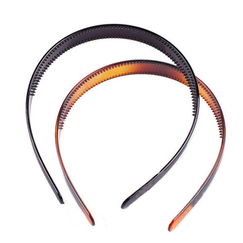 Set of 2 Simple Fashion Plastic Headband Hair Accessories, Fine Tooth Hairband for Women, Black + Brown