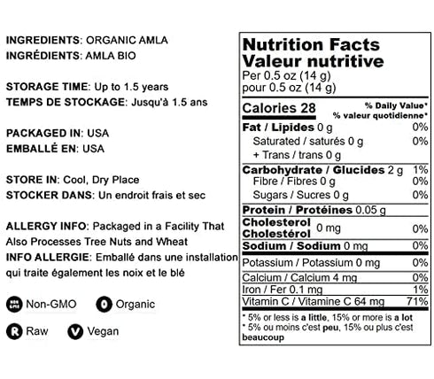 Food to Live Organic Amla Berry Powder (1 Pound), Non-GMO Indian Gooseberry, Raw, Pure, Kosher, Vegan, Rich in