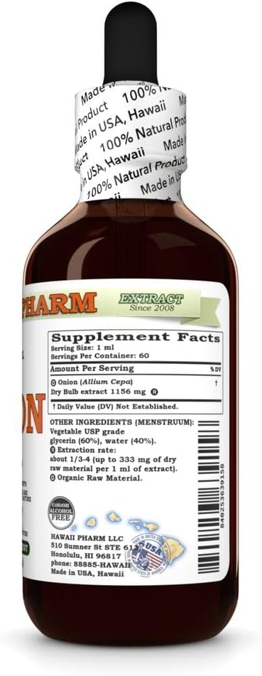 Hawaii Pharm Bulb 2 fl.oz Onion (Allium Cepa) Dry Glycerite, All Natural, Vegan, Lab Tested Alcohol-Free Liquid Extract